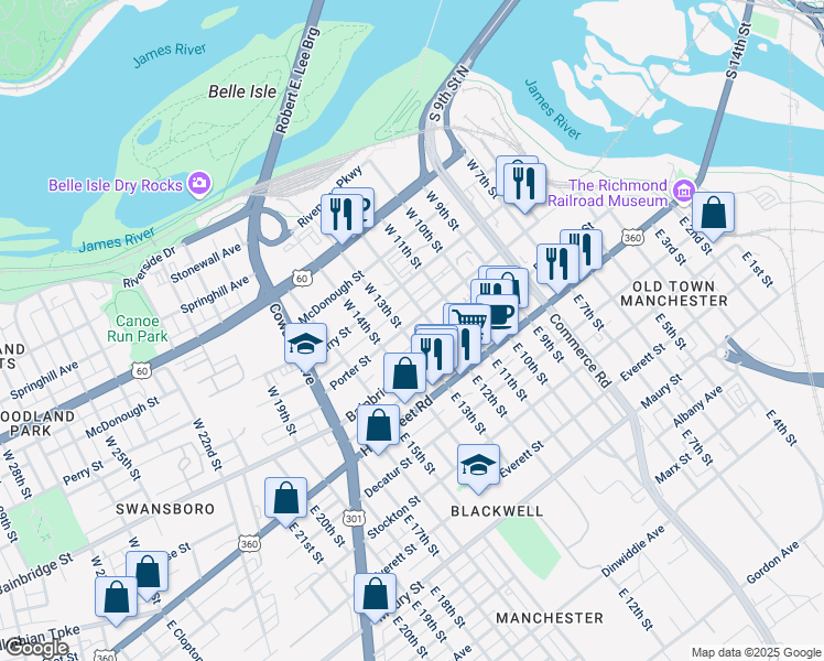 map of restaurants, bars, coffee shops, grocery stores, and more near 1216 Porter Street in Richmond