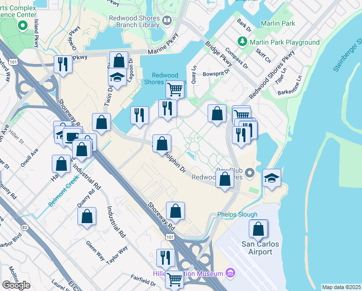 map of restaurants, bars, coffee shops, grocery stores, and more near 333 Twin Dolphin Drive in Redwood City