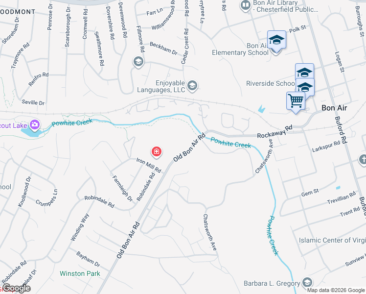 map of restaurants, bars, coffee shops, grocery stores, and more near 2018 Timbers Hill Road in Richmond