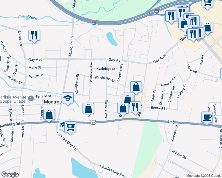 map of restaurants, bars, coffee shops, grocery stores, and more near 3205 Denver Street in Henrico