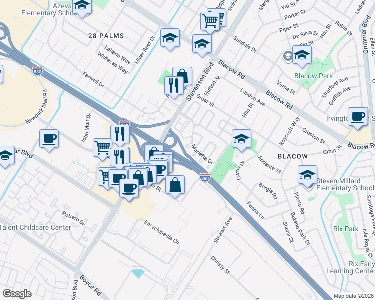 map of restaurants, bars, coffee shops, grocery stores, and more near 5656 Snowflake Common in Fremont