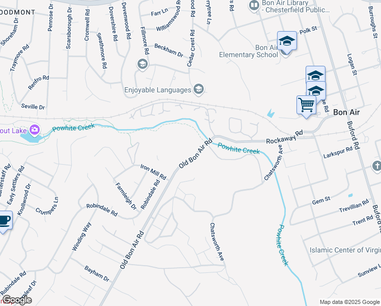 map of restaurants, bars, coffee shops, grocery stores, and more near 2016 Timbers Hill Road in Bon Air