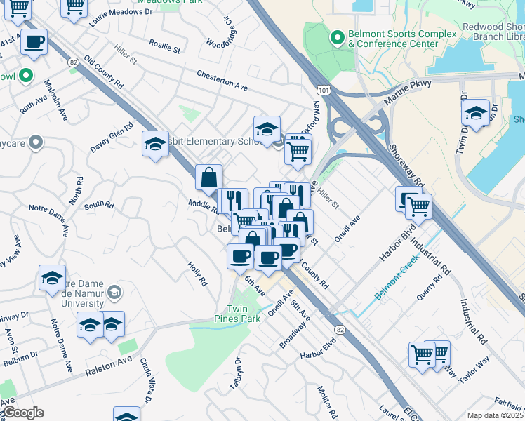 map of restaurants, bars, coffee shops, grocery stores, and more near 640 Masonic Way in Belmont