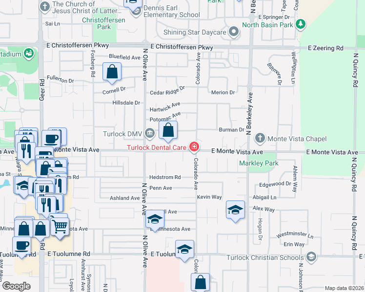 map of restaurants, bars, coffee shops, grocery stores, and more near 1101 East Monte Vista Avenue in Turlock