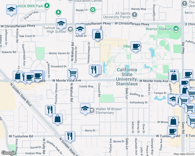 map of restaurants, bars, coffee shops, grocery stores, and more near 1201 West Monte Vista Avenue in Turlock