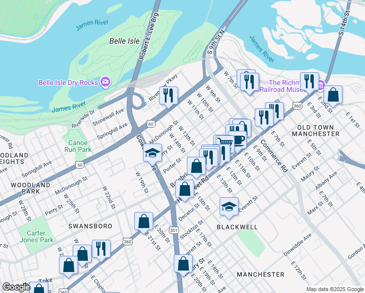 map of restaurants, bars, coffee shops, grocery stores, and more near 1320 Perry Street in Richmond