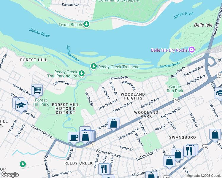 map of restaurants, bars, coffee shops, grocery stores, and more near 820 West 29th Street in Richmond