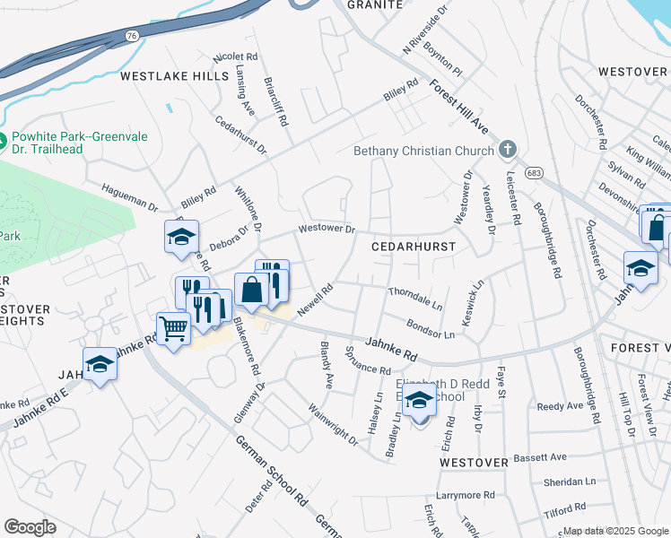 map of restaurants, bars, coffee shops, grocery stores, and more near 1448 Newell Road in Richmond