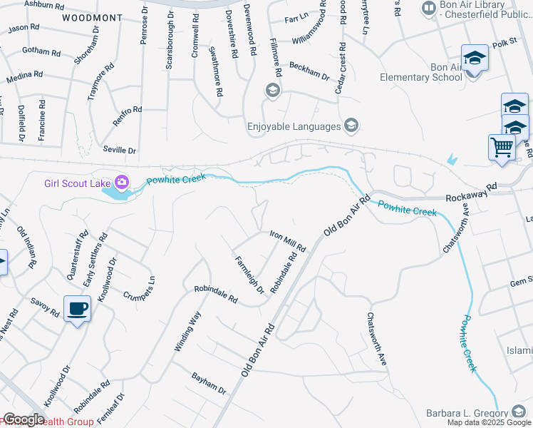 map of restaurants, bars, coffee shops, grocery stores, and more near 10108 Iron Mill Road in Richmond