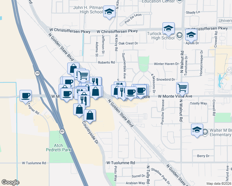 map of restaurants, bars, coffee shops, grocery stores, and more near 2433 Trellis Lane in Turlock
