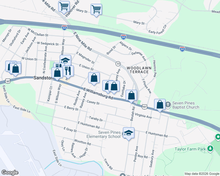 map of restaurants, bars, coffee shops, grocery stores, and more near 15 Monterey Avenue in Sandston
