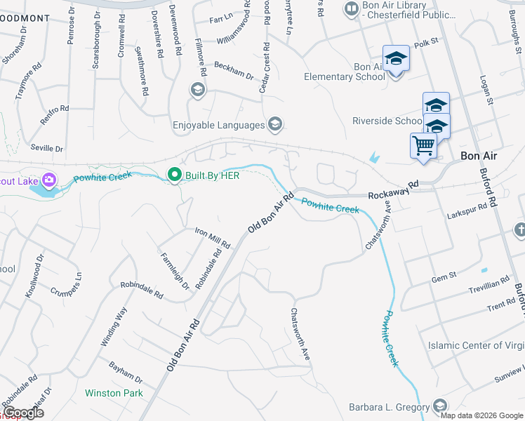 map of restaurants, bars, coffee shops, grocery stores, and more near 2016 Timbers Hill Road in Bon Air