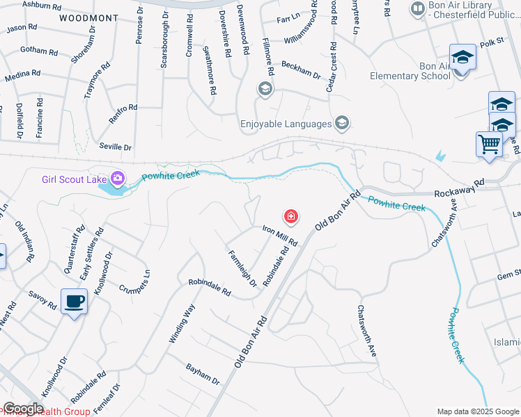 map of restaurants, bars, coffee shops, grocery stores, and more near 10234 Iron Mill Road in Richmond