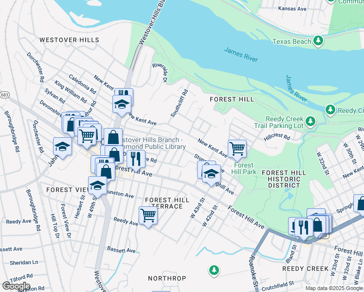 map of restaurants, bars, coffee shops, grocery stores, and more near 4503 Stonewall Avenue in Richmond