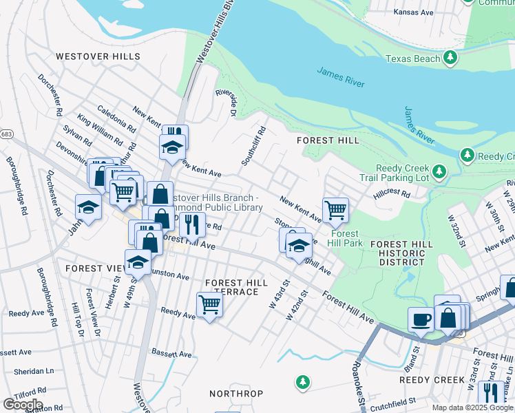 map of restaurants, bars, coffee shops, grocery stores, and more near 4503 Stonewall Avenue in Richmond