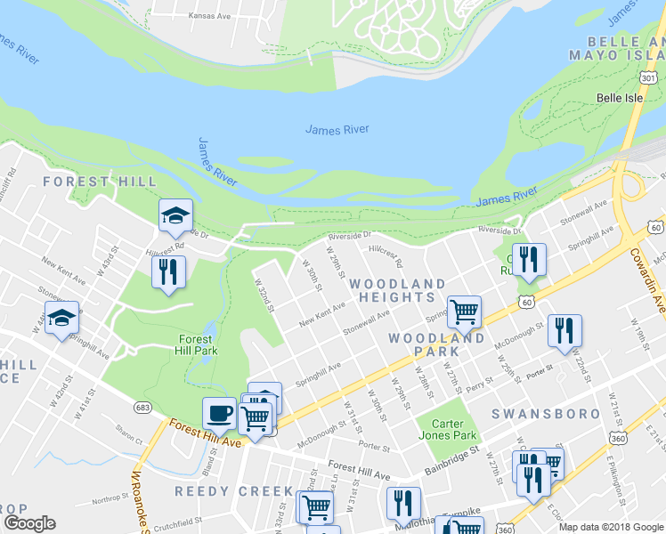 map of restaurants, bars, coffee shops, grocery stores, and more near 820 West 29th Street in Richmond