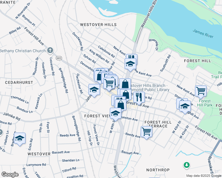 map of restaurants, bars, coffee shops, grocery stores, and more near 5057 State Route 683 in Richmond