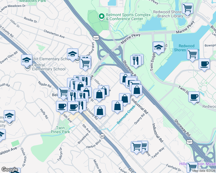map of restaurants, bars, coffee shops, grocery stores, and more near 1160 Irwin Street in Belmont