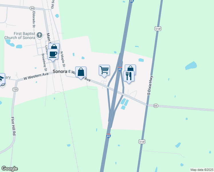 map of restaurants, bars, coffee shops, grocery stores, and more near East Western Avenue in Sonora