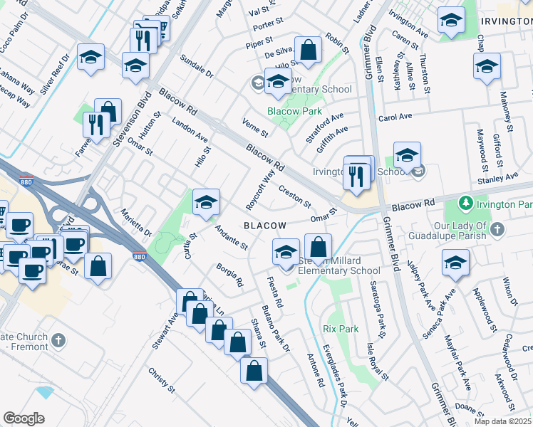 map of restaurants, bars, coffee shops, grocery stores, and more near 4933 Mansbury Street in Fremont