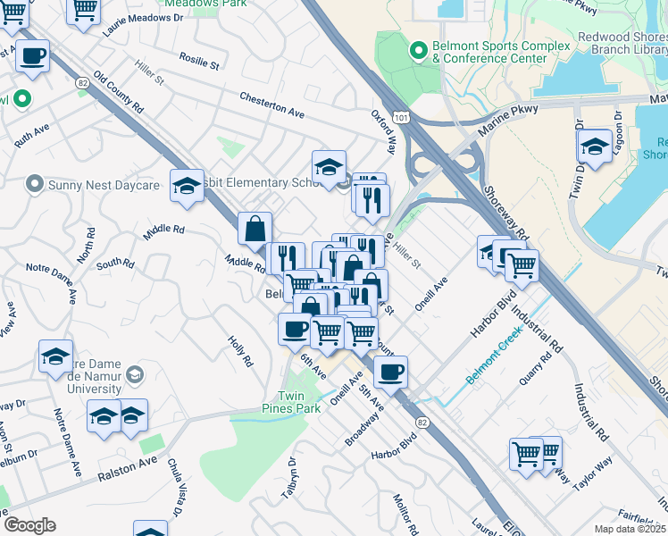 map of restaurants, bars, coffee shops, grocery stores, and more near 640 Masonic Way in Belmont