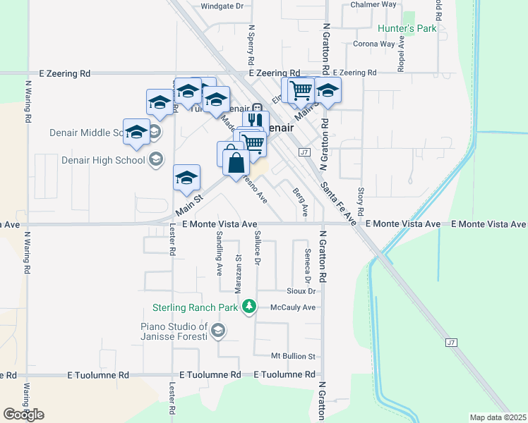 map of restaurants, bars, coffee shops, grocery stores, and more near 3307 Fresno Avenue in Denair