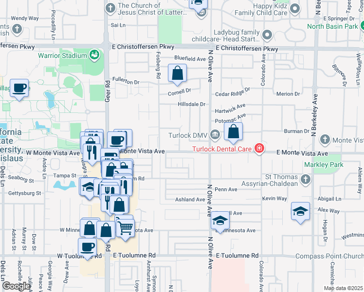 map of restaurants, bars, coffee shops, grocery stores, and more near 3241 Radcliff Way in Turlock