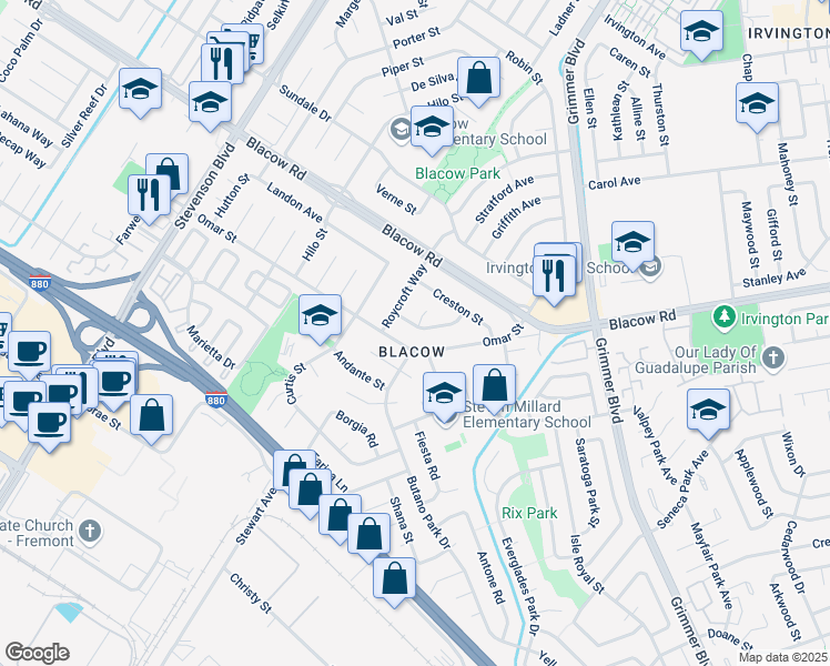 map of restaurants, bars, coffee shops, grocery stores, and more near 4933 Mansbury Street in Fremont