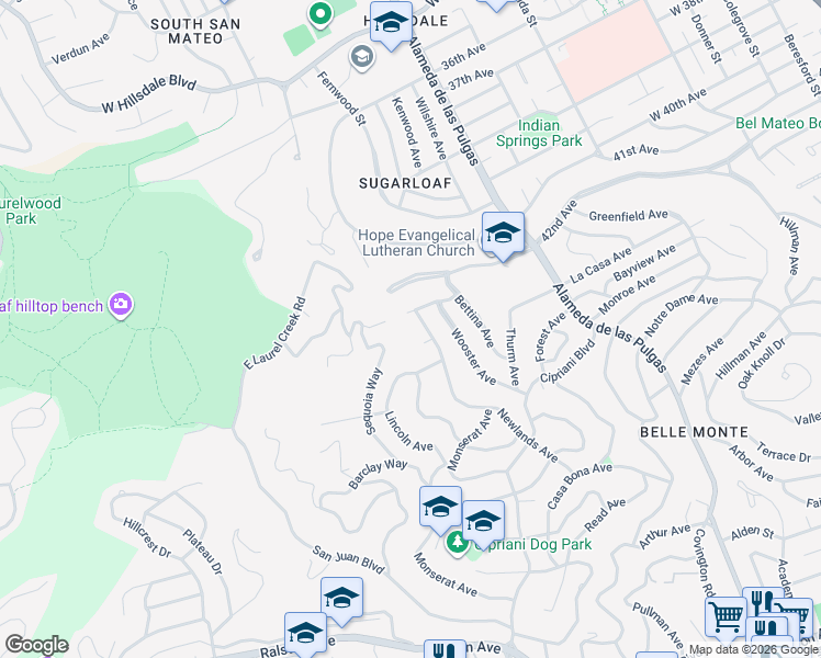 map of restaurants, bars, coffee shops, grocery stores, and more near 653 Newlands Avenue in San Mateo