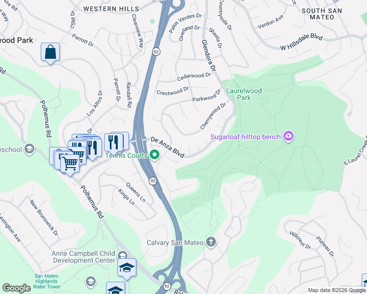 map of restaurants, bars, coffee shops, grocery stores, and more near 3421 Leafwood Court in San Mateo