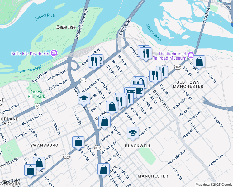 map of restaurants, bars, coffee shops, grocery stores, and more near 1211 Porter Street in Richmond