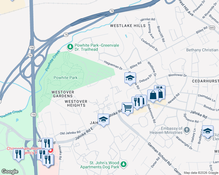 map of restaurants, bars, coffee shops, grocery stores, and more near 1500 German School Road in Richmond