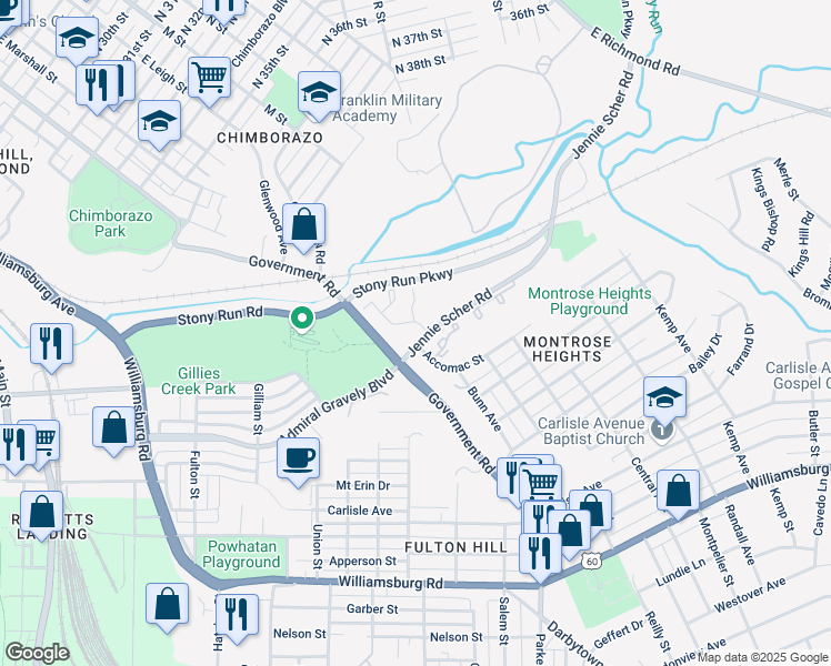 map of restaurants, bars, coffee shops, grocery stores, and more near 1308 Jennie Scher Road in Richmond