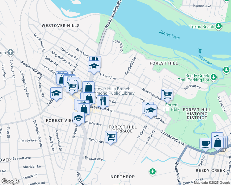 map of restaurants, bars, coffee shops, grocery stores, and more near 4613 Sylvan Road in Richmond