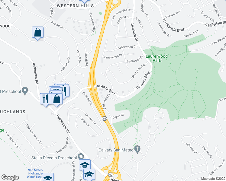 map of restaurants, bars, coffee shops, grocery stores, and more near 1666 De Anza Boulevard in San Mateo