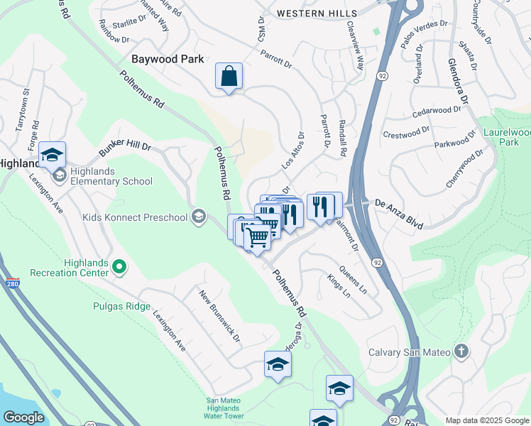 map of restaurants, bars, coffee shops, grocery stores, and more near 2117 Los Altos Drive in San Mateo