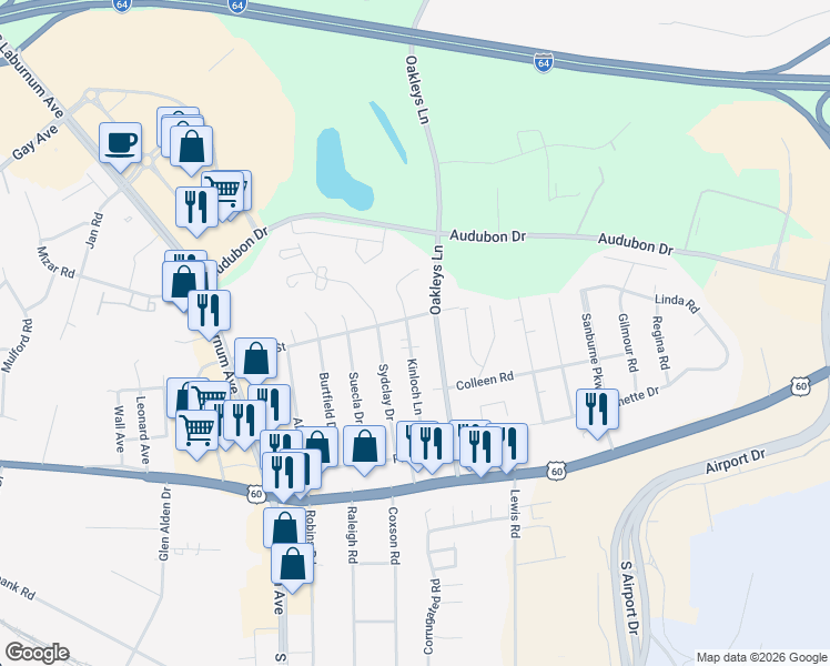 map of restaurants, bars, coffee shops, grocery stores, and more near 4800 Kinloch Lane in Richmond