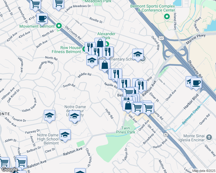 map of restaurants, bars, coffee shops, grocery stores, and more near 28 Cobblestone Lane in Belmont