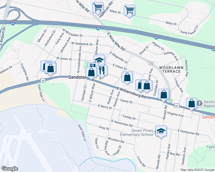 map of restaurants, bars, coffee shops, grocery stores, and more near 45 U.S. 60 in Sandston