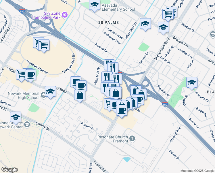 map of restaurants, bars, coffee shops, grocery stores, and more near 39888 Balentine Drive in Newark