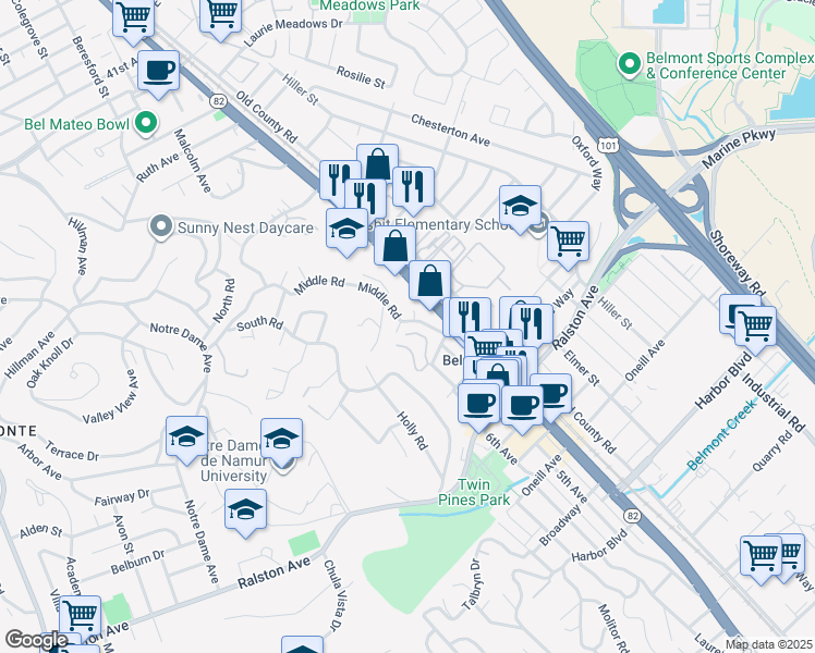 map of restaurants, bars, coffee shops, grocery stores, and more near 28 Cobblestone Lane in Belmont