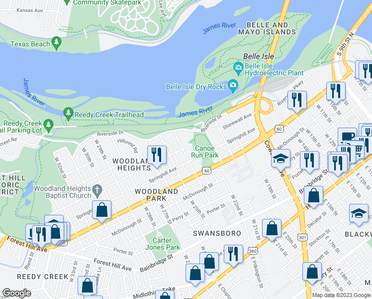 map of restaurants, bars, coffee shops, grocery stores, and more near 611 West 24th Street in Richmond