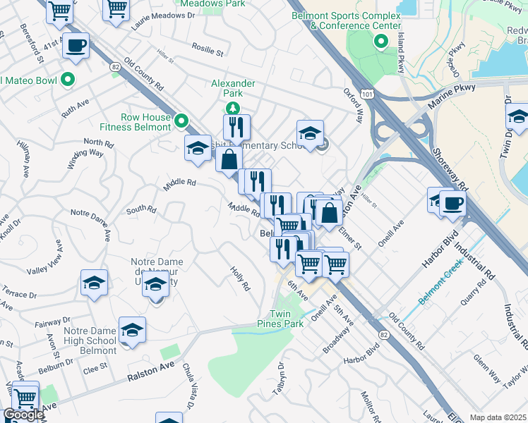map of restaurants, bars, coffee shops, grocery stores, and more near 770 El Camino Real in Belmont