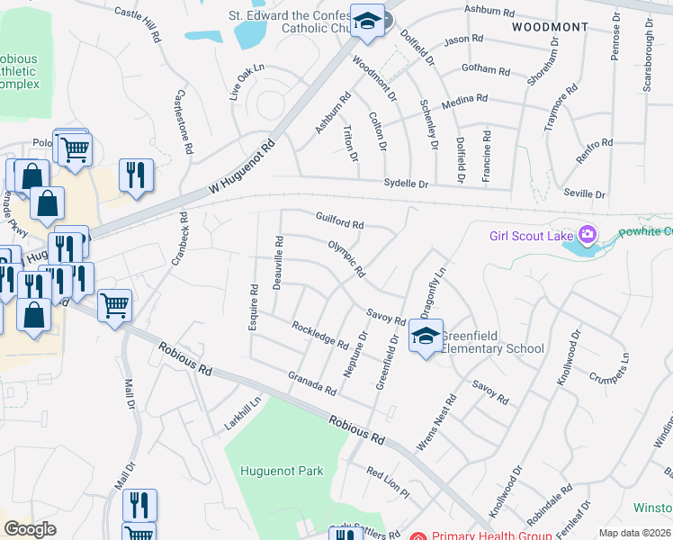 map of restaurants, bars, coffee shops, grocery stores, and more near 11018 Savoy Road in Richmond
