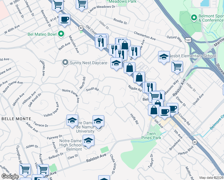 map of restaurants, bars, coffee shops, grocery stores, and more near 539 Vannier Drive in Belmont