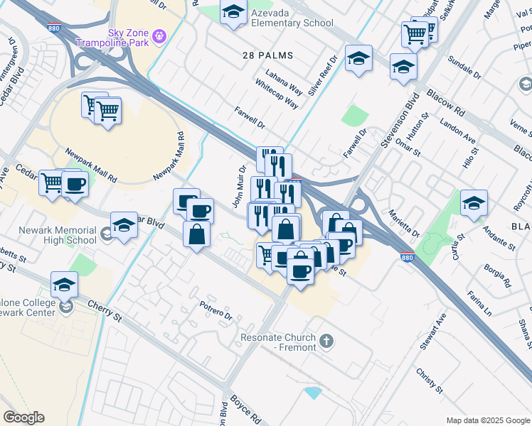 map of restaurants, bars, coffee shops, grocery stores, and more near 39888 Balentine Drive in Newark