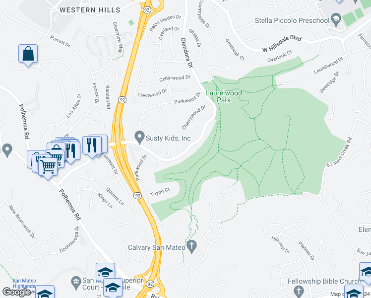 map of restaurants, bars, coffee shops, grocery stores, and more near 3401 Cheryl Court in San Mateo