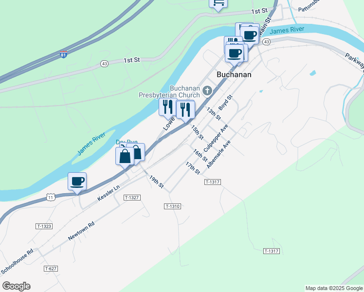 map of restaurants, bars, coffee shops, grocery stores, and more near 56 Rabbit Run in Buchanan