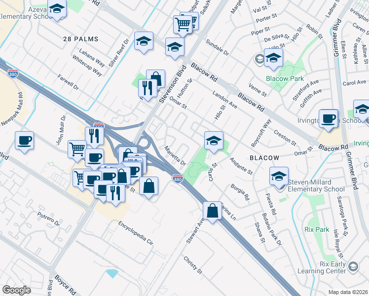 map of restaurants, bars, coffee shops, grocery stores, and more near 5528 Andromeda Circle in Fremont