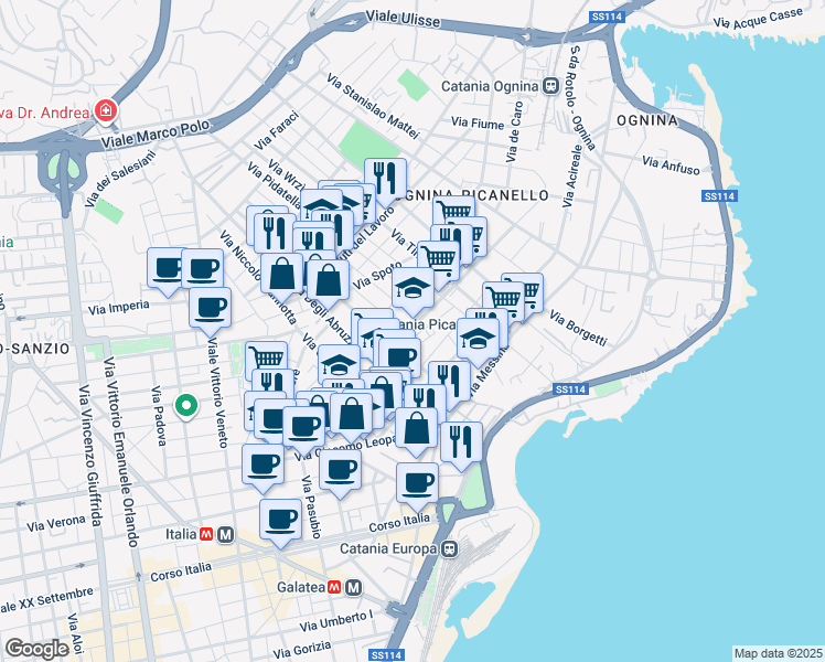 map of restaurants, bars, coffee shops, grocery stores, and more near 3 Via Gaetano Donizetti in Catania